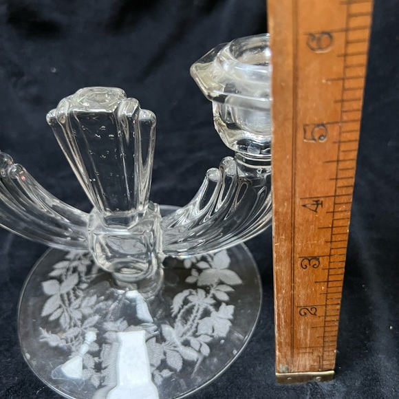 Lovely Vintage Tiffin Glass Double Light Candle Holder. Etched Flowers on base. - Picture 9 of 9